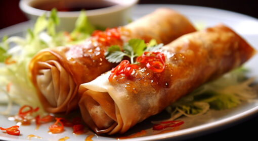 Tasty asian chicken eggrolls on plate with sauce Macro AI Generative