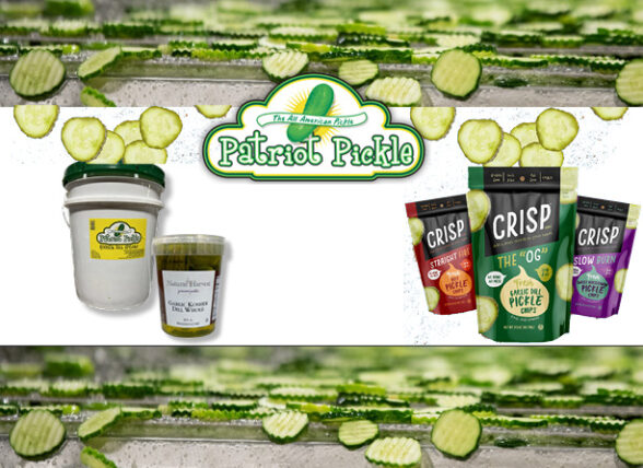 Patriot Pickle logo packages pickle chip on conveyer belt