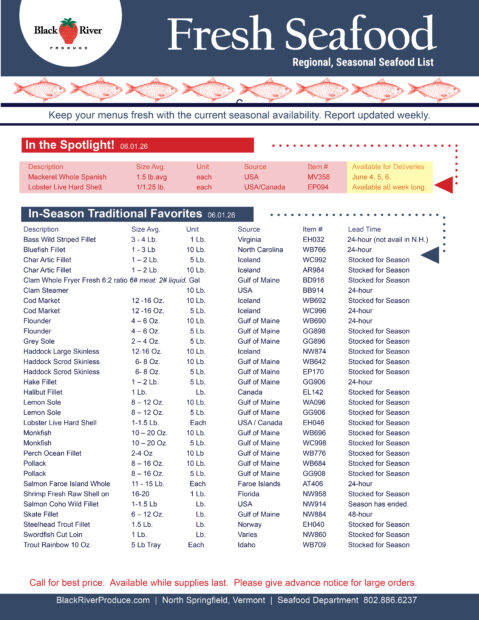 Seafood Specialty List In Season as of