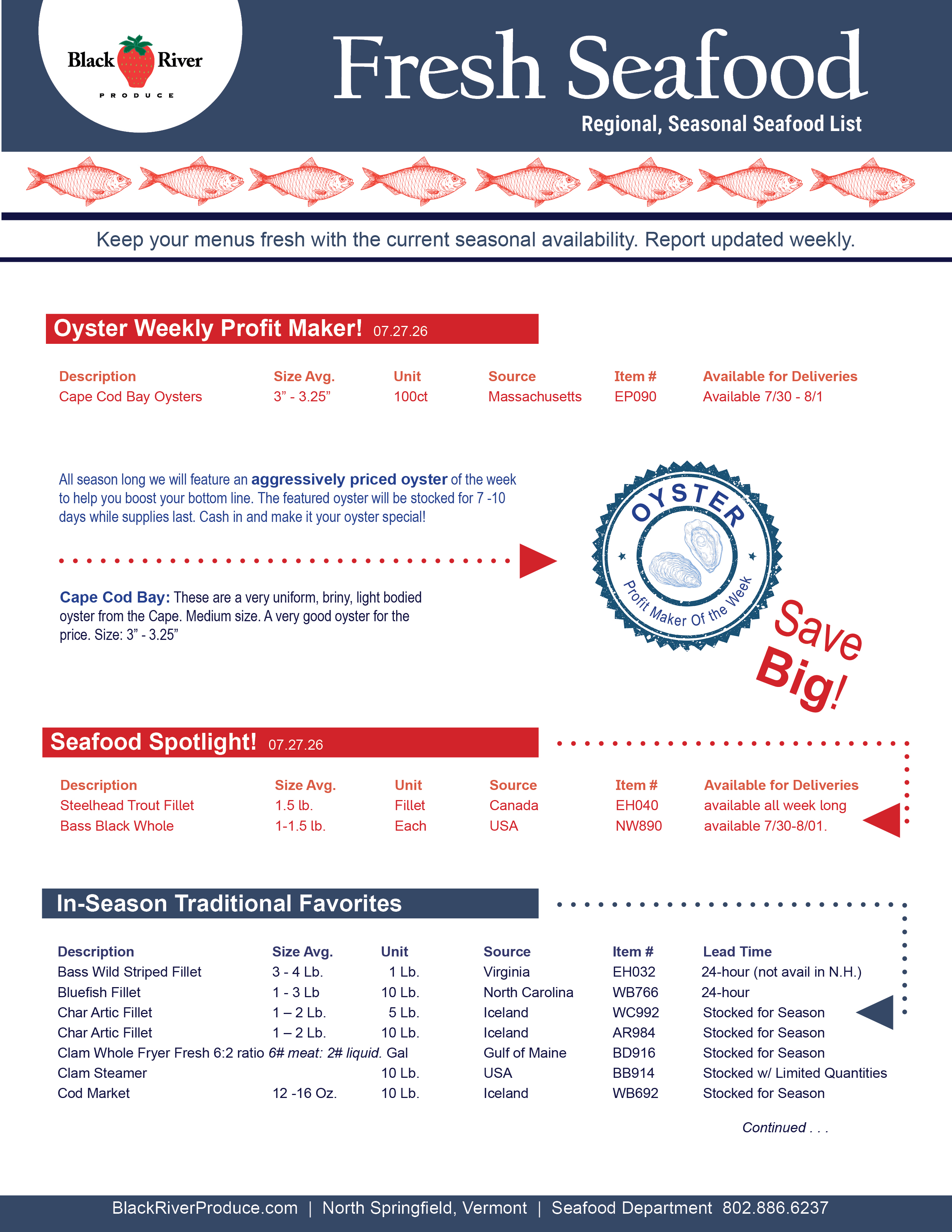 Seafood Specialty List In Season as of v